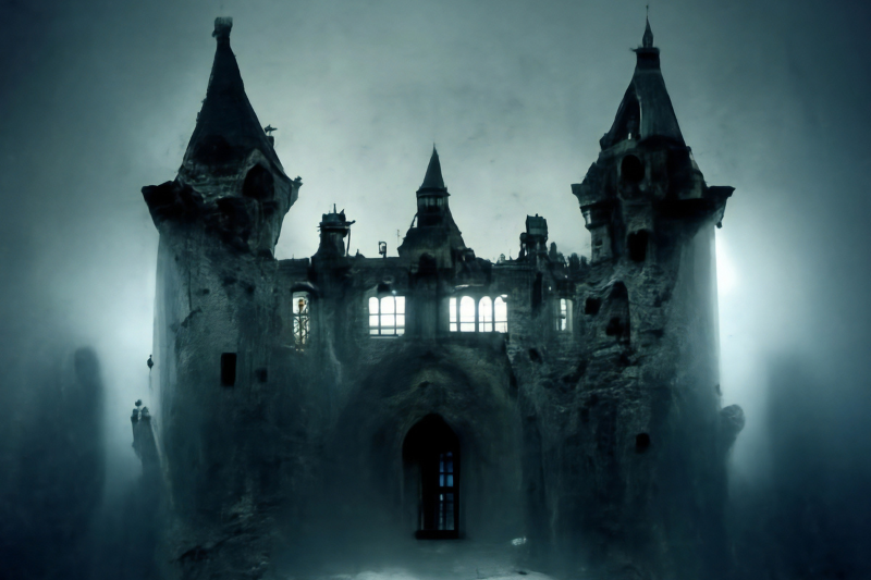 Castillo oscuro entre niebla